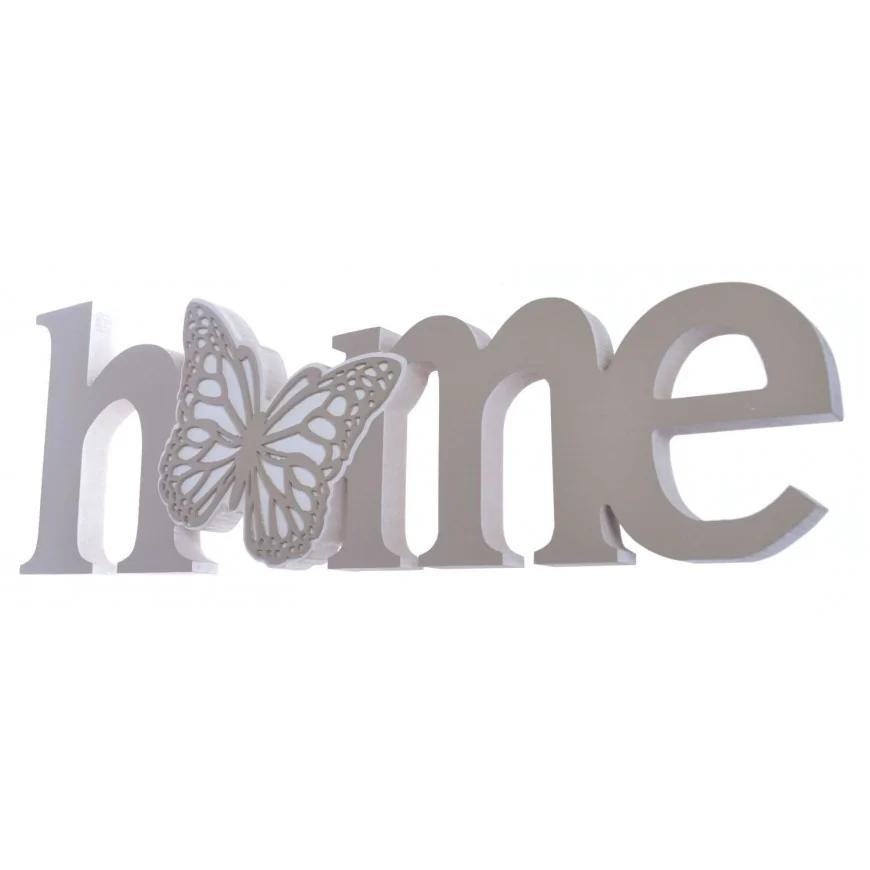 Drewniany napis HOME szary z motylem 36 cm