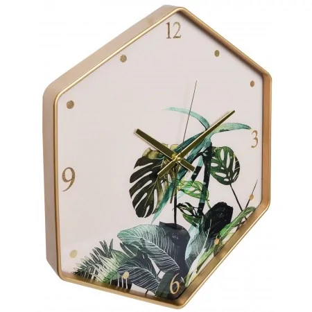 Zegar sześciokąt z motywem liści 49x43 cm 