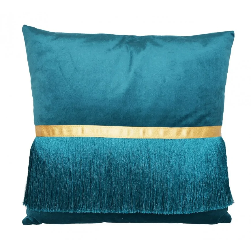 Poduszka welurowa niebieska z frędzlami 45x45 cm