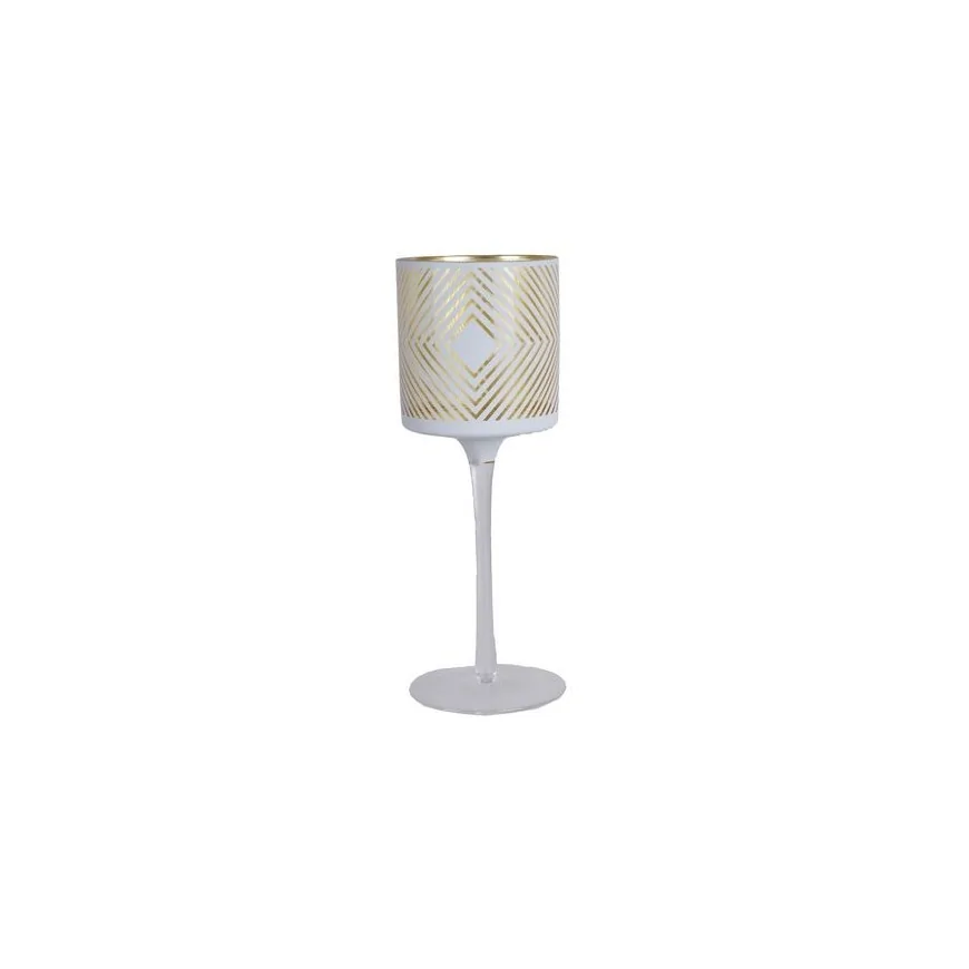 Świecznik biały złoty szklany we wzory kielich 25 cm
