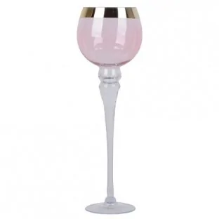 Świecznik szklany ozdobny różowy ze złotym rantem 30 cm