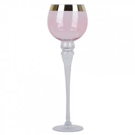 Świecznik szklany ozdobny różowy ze złotym rantem 30 cm