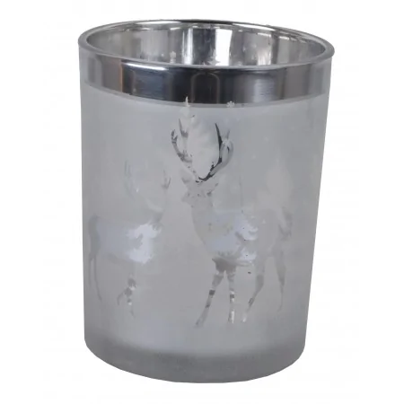 Świecznik szklany srebny GLAMOUR z reniferem 8 cm
