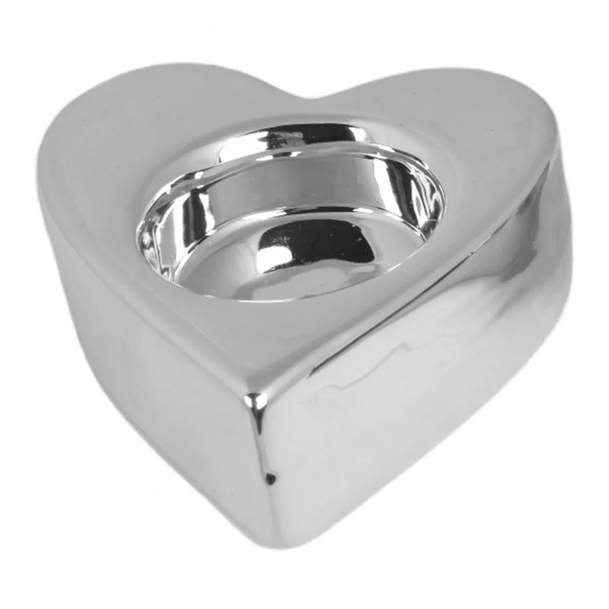 Świecznik ceramiczny serce srebrny na tealighta 9,5 x 8 cm