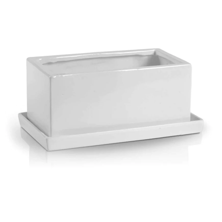 Doniczka biała z podstawką prostokątna ceramiczna 25 cm