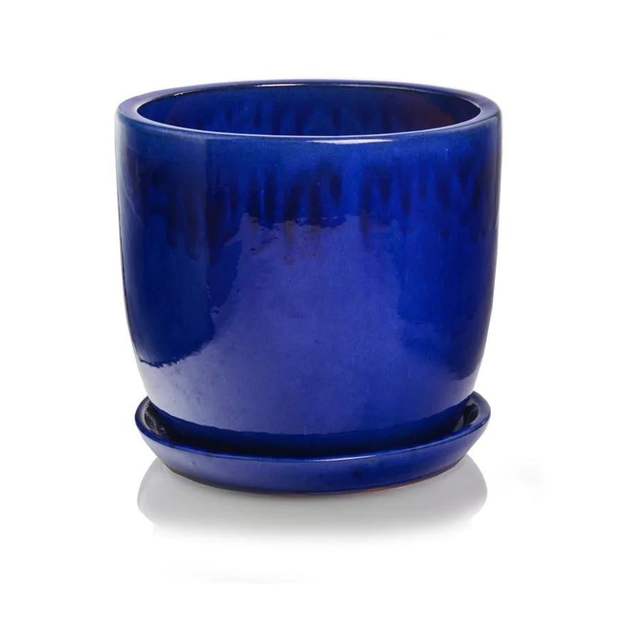 Donica ogrodowa ceramiczna kobaltowa z podstawkiem 23 cm