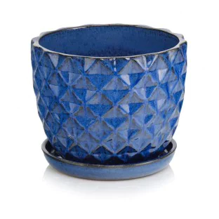 Donica ogrodowa ceramiczna kobaltowa z podstawkiem 14 cm