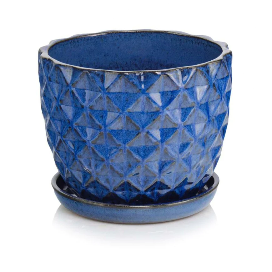 Donica ogrodowa ceramiczna kobaltowa z podstawkiem 14 cm