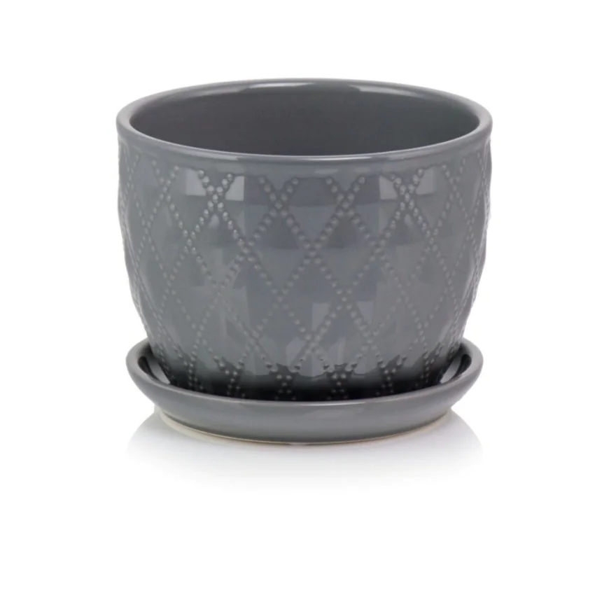 Doniczka szara ceramiczna z podstawką 17 cm SKAZA