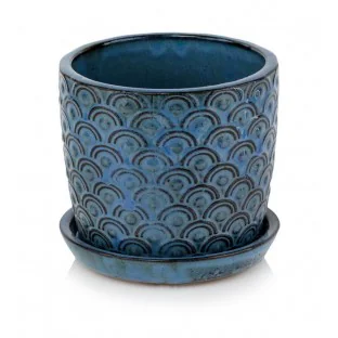 Doniczka niebieska mała ceramiczna z podstawkiem 13 cm