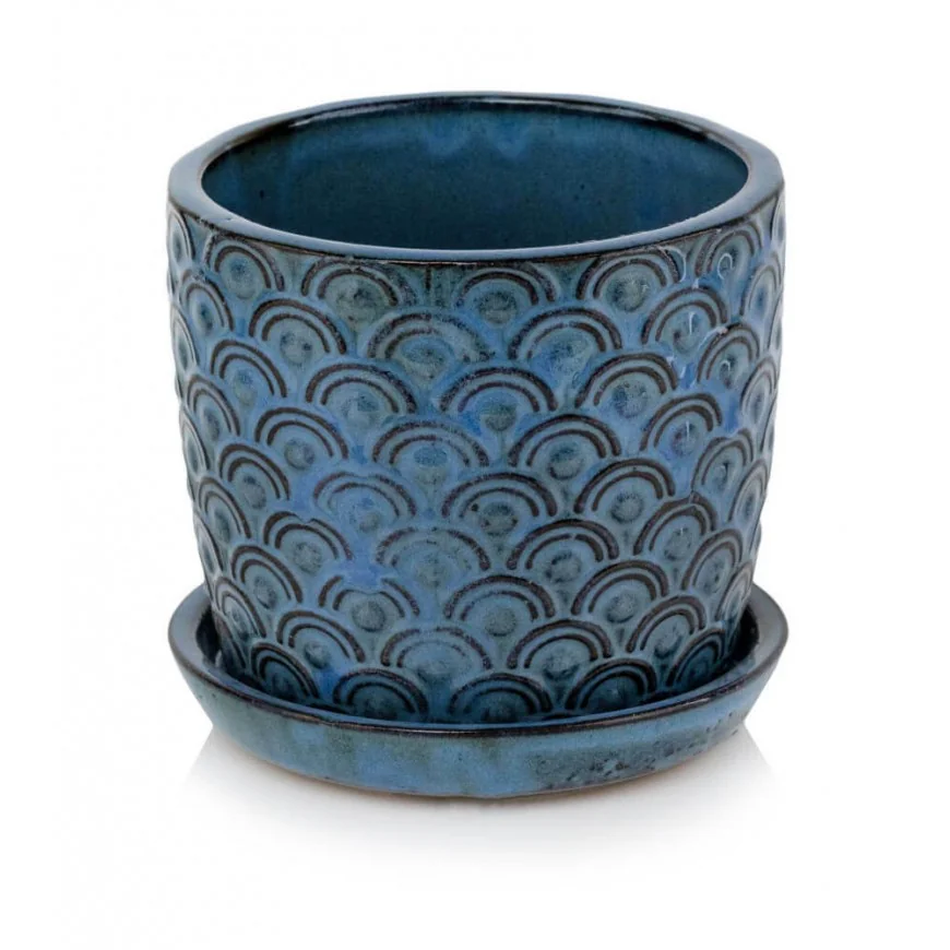 Doniczka niebieska mała ceramiczna z podstawkiem 13 cm