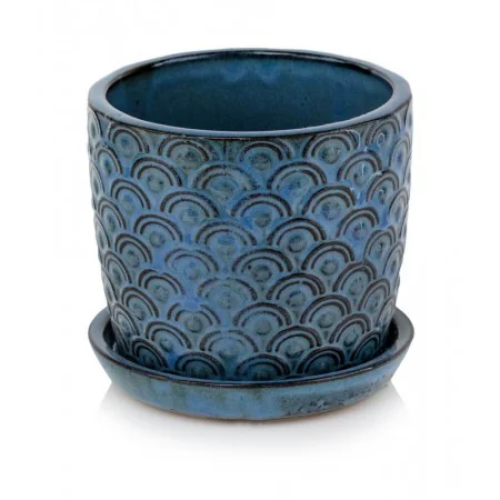 Doniczka niebieska mała ceramiczna z podstawkiem 13 cm