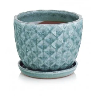 Donica ceramiczna turkusowa z podstawkiem 14 cm SKAZA