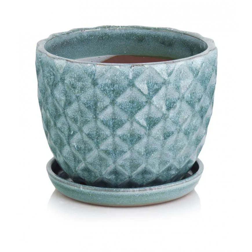 Donica ceramiczna turkusowa z podstawkiem 14 cm SKAZA
