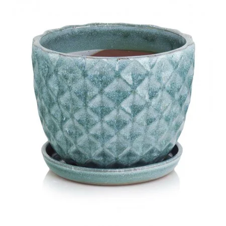Donica ceramiczna turkusowa z podstawkiem 14 cm SKAZA
